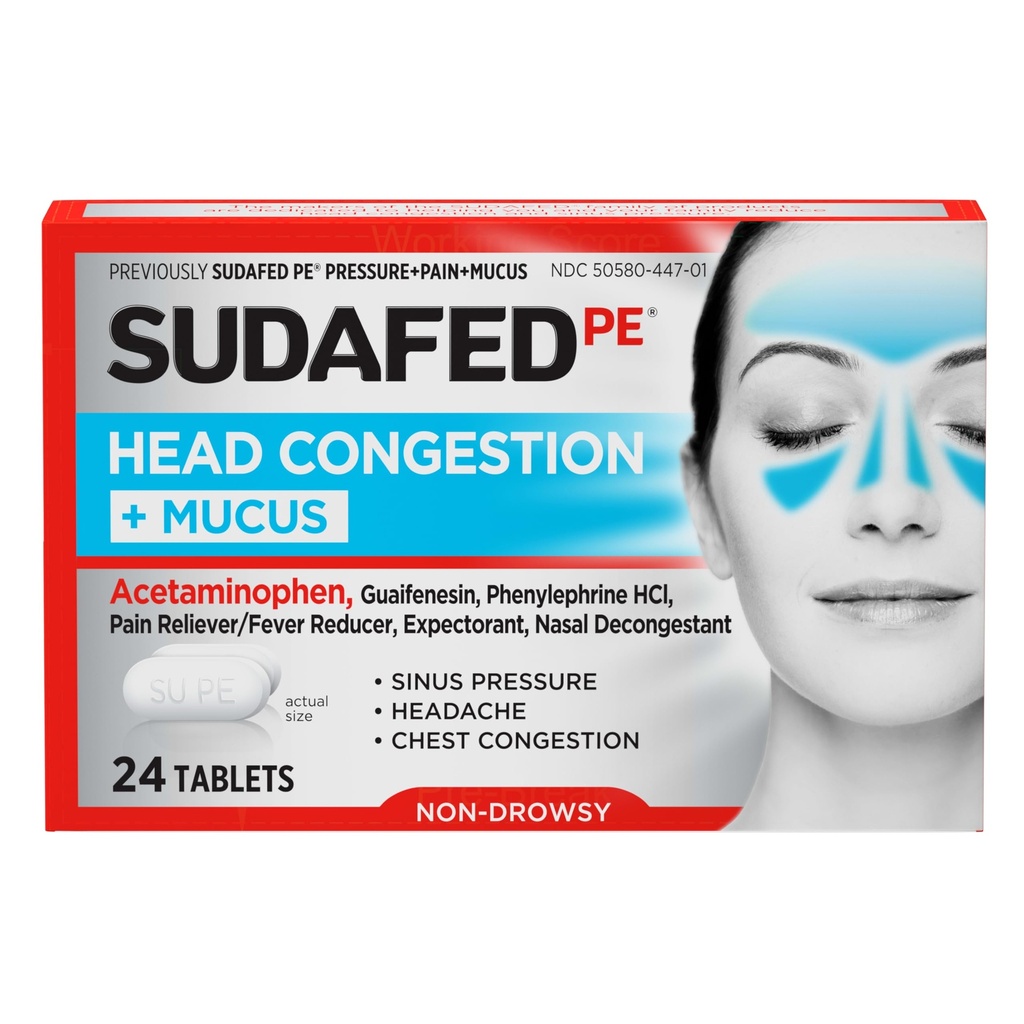 Congestione della testa del PE improvvisi + Tabelle di sollievo del muco per la pressione del seno, la congestione, e mal di testa, non-Drowsy Decongestant con Acetaminophen, Guaifenesin & Phenylephrine HCI, 24 ct