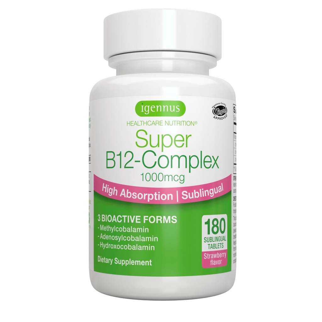 Igennus Sublingual Vitamin B12 Complex 1000mcg, Methylcobalamin metilato, Adenosylcobalamin & Hydroxocobalamin, Alto assorbimento & Clean, 180 Serve, Senza zucchero & Vegan