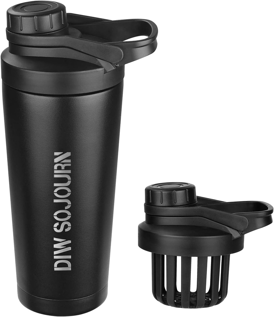 Bottiglia DIW 24 oz Shaker,Bracciale in acciaio inox Shaker con disegno senza rumore,Coppa di Shaker in metallo isolato per miscele di proteine e pre allenamento,Gym Bottiglia Shaker(nero)