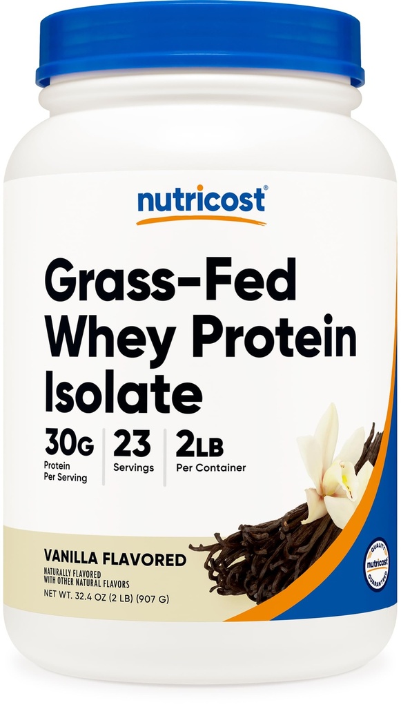 Nutricost Grass-Fed Whey Protein Isolate (Vanilla) 2LBS - Non-GMO, Gluten Free, Sapori naturali