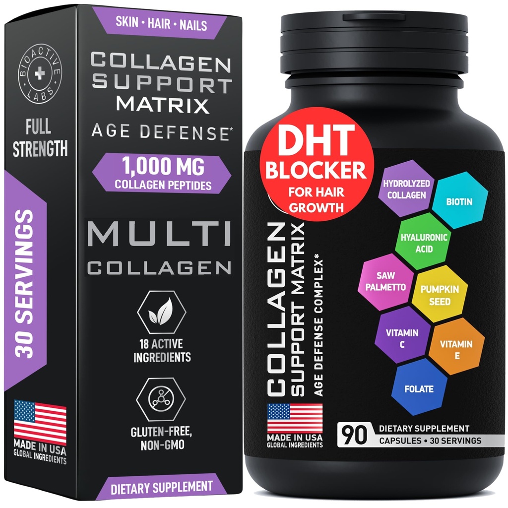 Matrix del collagene di bellezza della difesa dell'età - 2000mg Multi Collagen Biotin Biotin Acido ialuronico Saw Palmetto Vitamina C Supplement Complex - DHT Blocker per gli uomini e le donne per la crescita dei capelli - 90 capsule senza glutine