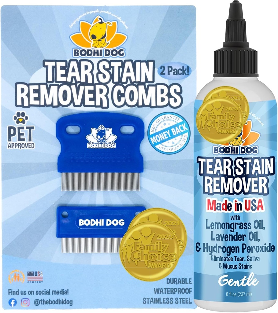 Bodhi Dog Tear Stain Remover & Tear Stain Remover Combs - Rimozione Gently Stains, Dirt from Pet Eyes - Sicuro & Gentle su Cani e Gatti - Pulisce Delicato Fur - Ideale per Grooming & Tear Stain Prevention