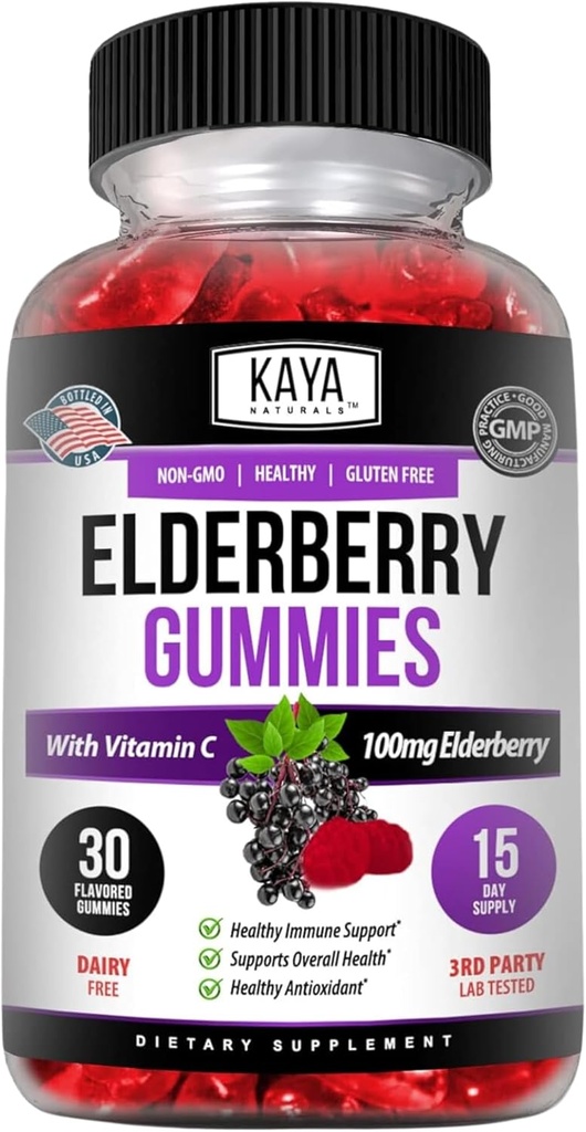 Kaya Naturals Supporto Immune Vitamina Vegetariana Gummy, Zinco, Vitamina C, Elderberry, Vitamina E, Limone Flavor (30 Gummies)