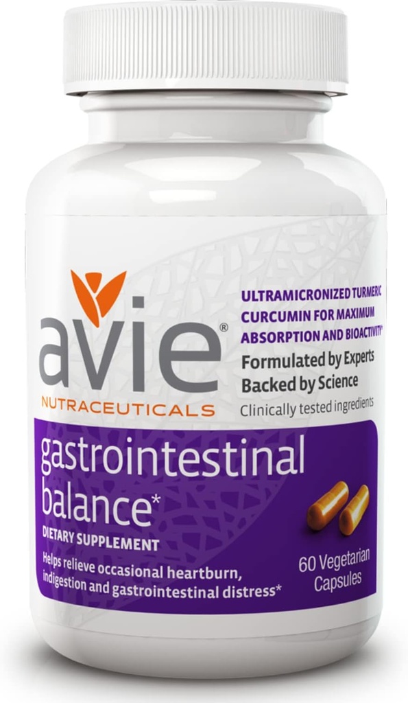 Avie NUTRACEUTICALS Integratore di Curcumina di Equilibrio Gastrointestinale (60 capsule) | Turmerico con Radice di Liquirizia & Magnesio per Bruciore, Rifiuto di Acido e Rilievo di Indigestione - Gluten Free, GMP-Certified