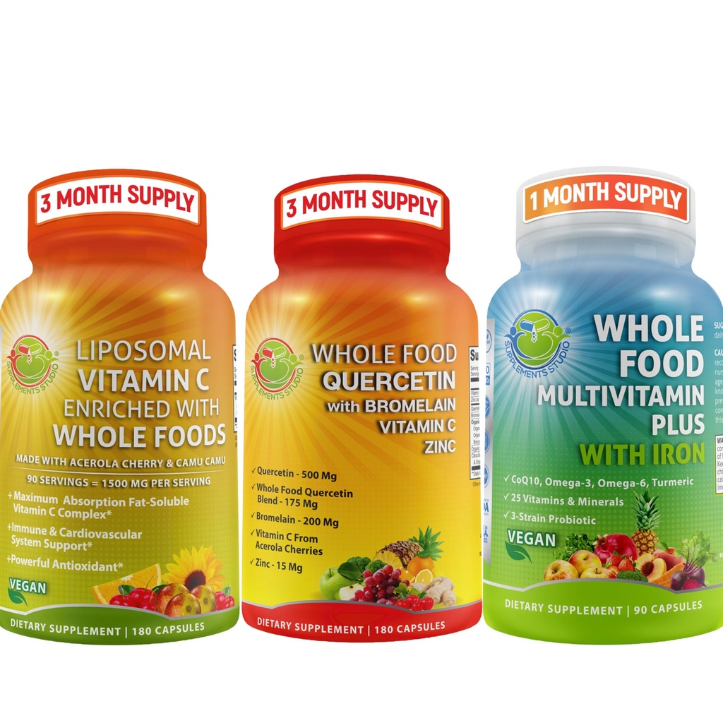 Vitamine giornaliere complete - Quercetina con supplemento di bromelaina Bundle up con Multivitamin Plus per gli uomini e le donne con ferro e Liposomal vitamina C Gel liquido - per il supporto immunitario, respiratorio, digestivo