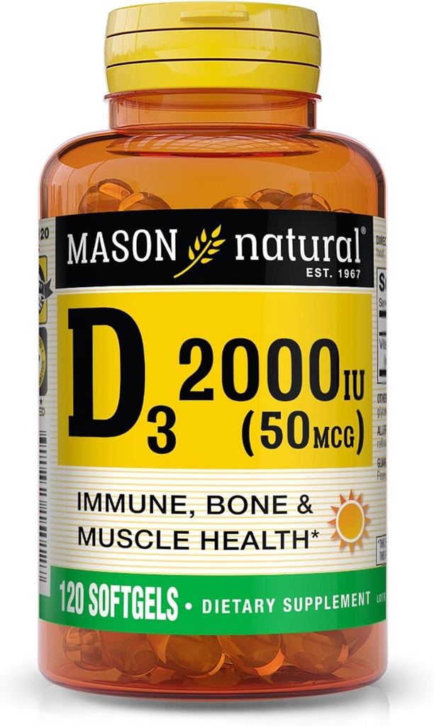 MASON Vitamina NATURAL D3 2.000 IU Ultra Forza, Supporta Densità Bone, Forza & Salute Immune, 120 Softgels