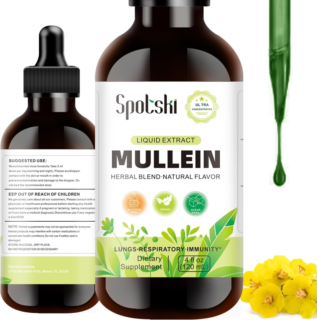 Gocce di Mullein per polmoni - Detox polmonare per il sistema respiratorio, Sostegno naturale del sonno & Immune, Gocce di tintura Non OGM, Alimentazione vegetariana 1 mese