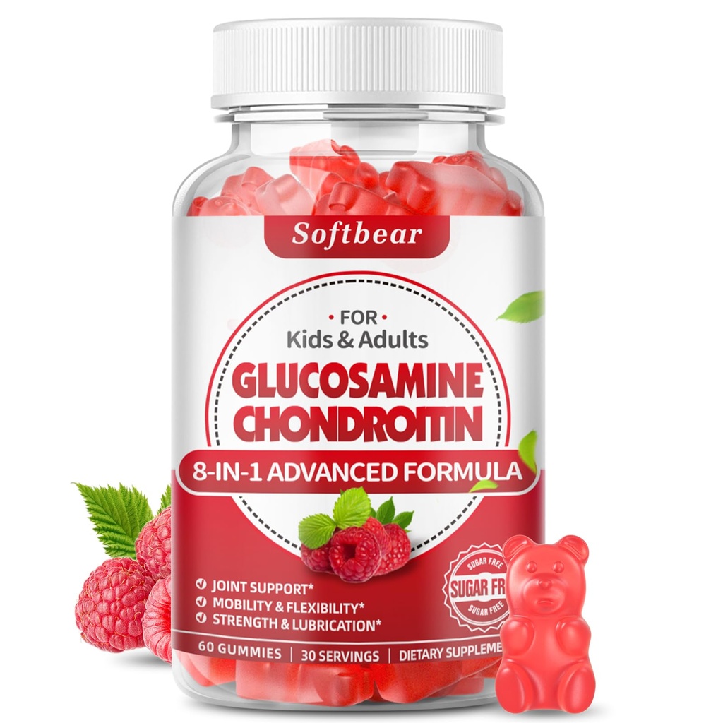 Glucosamina Condroitin Gummies, Zucchero Senza Glucosamina Condroitina MSM Integratore con Elderberry Turmeric Supports Joint Health & Antioxidant, Raspberry Flavored 60 Count