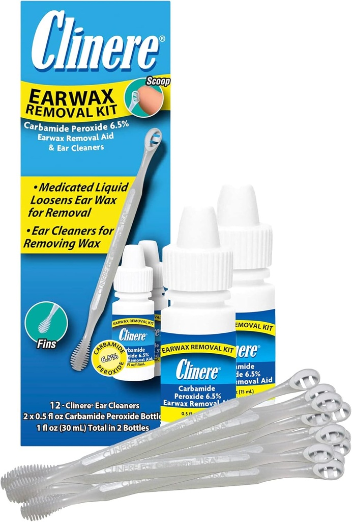Kit di rimozione Clinere Earwax, cera d'orecchio sicura e pulita, sollievo Itch, funziona istantaneamente .5oz Perossido di Carbamide, 2 x .5 Fl Oz con 12 Sticks