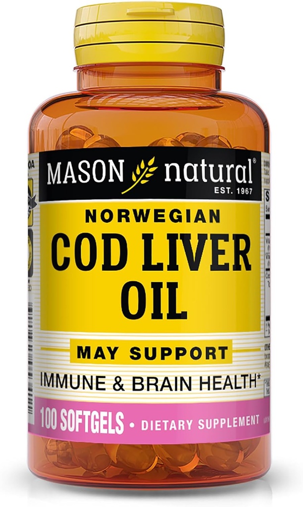 MASON NATURAL Cod Liver Oil Plus Vitamina A & D3 - Funzione sana del cuore e del cervello, Immunità migliorata, Supporta la salute generale, 100 Softgels