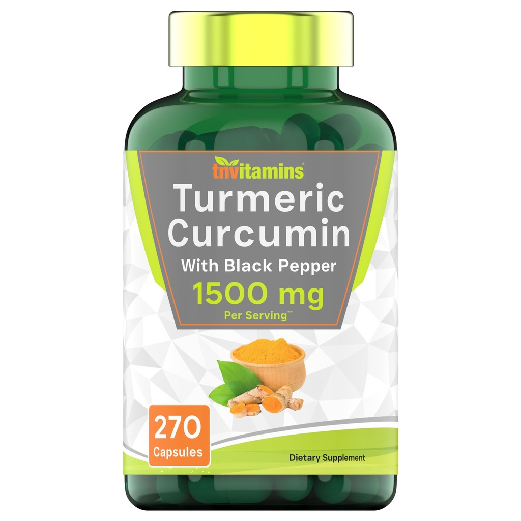 tnvitamins Turmeric Curcumin capsule con pepe nero | 1500 MG - 270 capsule | Bulk Size - 3 mesi di alimentazione! | Golden Turmeric Curcumin Supplemento con pepe nero | Non-GMO | Prodotto negli Stati Uniti