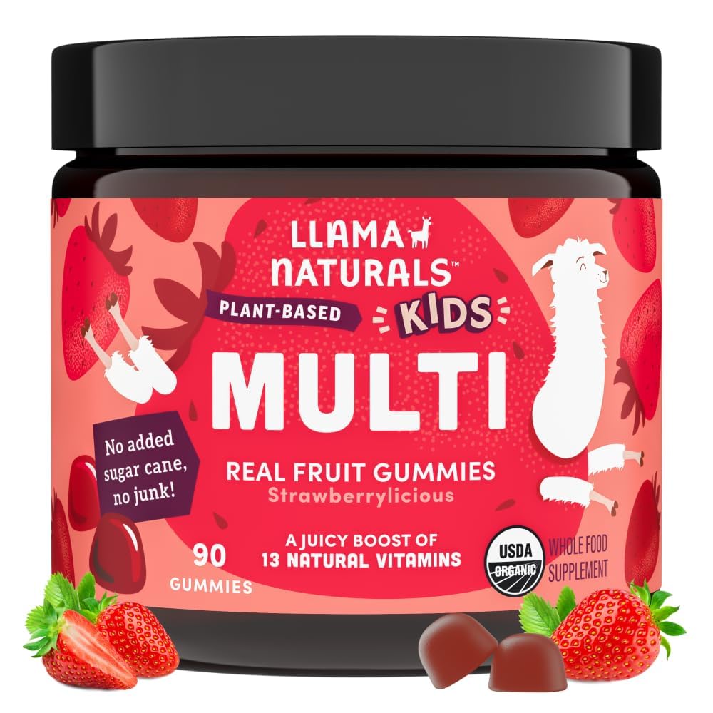 Llama Naturals Bambini Multivitaminici Gummies, Vegan, Organico con vitamina D, C & K, Toddler Ver Fruit Gummy Vitamine, Chewable Supplement, Whole Food Multivitamin, No Aggiunto Zucchero Canna, Fragola, 90 Ct