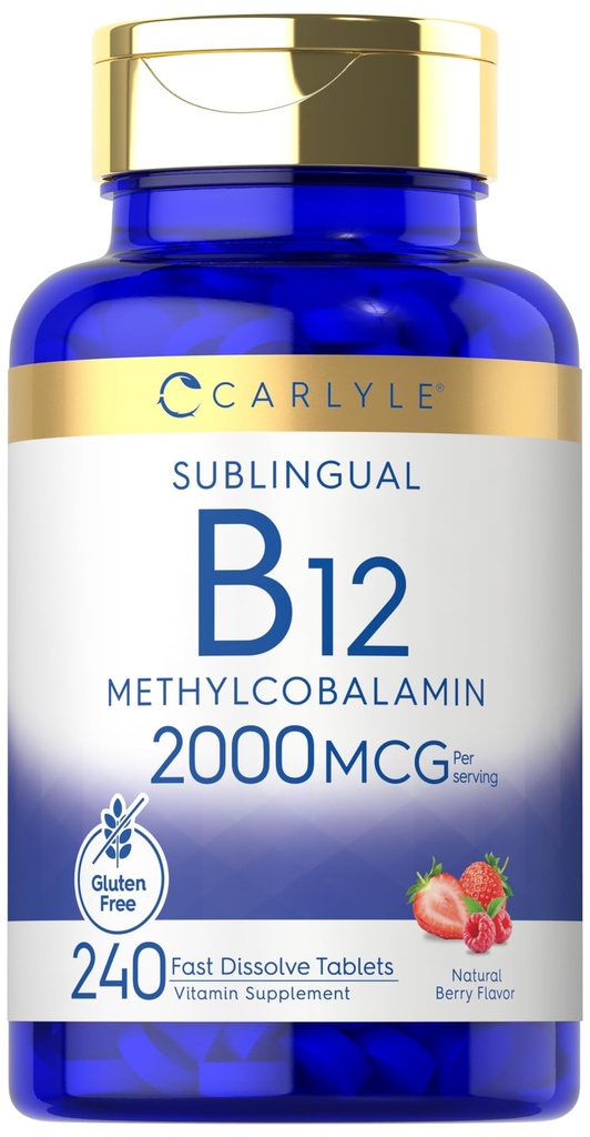 Carlyle B12 Vitamin 2000 mcg | 240 compresse dissolve veloci | Methylcobalamin sublinguale | Sapore di bacche | Vegetariano, Non OGM & Gluten