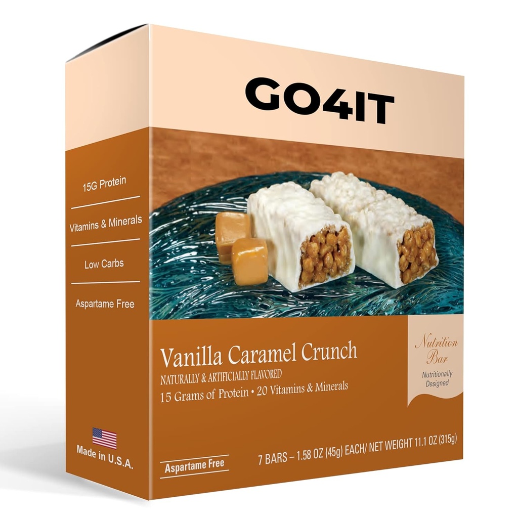 GO4IT Health Meal Sostituzione Bar, HIGH Protein Nutrition Bar, HIGH Fiber, Calorie Basse, KETO amichevole, On-the-go, Barra per la perdita di peso, 7/Box - (Vanilla Caramel Crunch)