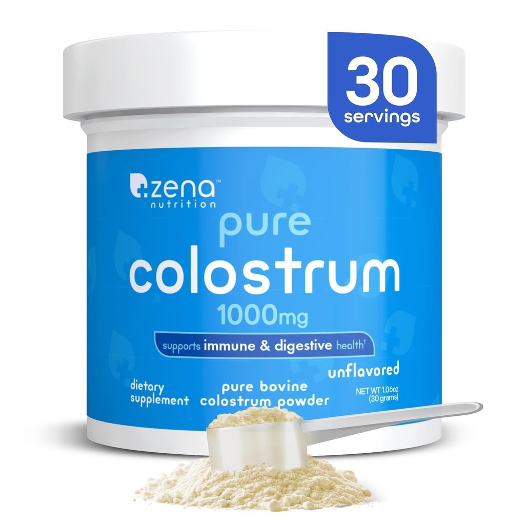 Zena Nutrition Bovine Colostrum Powder Supplement, 1000mg Pure Colostrum, Supporta la salute immunitaria e digestiva, Promuove la salute del fegato, Keto, Gluten Free, Grass Fed, Senza aroma, 30 Serve