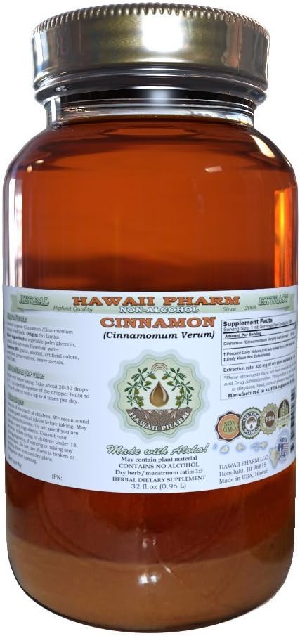 Estratto di liquido senza alcool di cannella, cannella (Cinnamomum Verum) a base di corteccia Glycerite Hawaii Pharm Natural Herbal Supplement 32 oz non filtrato