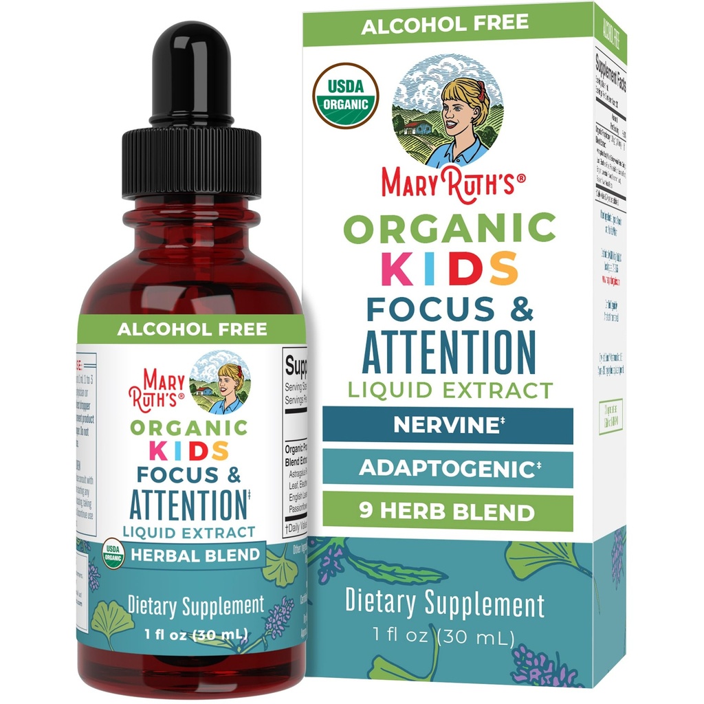 MaryRuth Organics Kids Brain Supplements for Memory and Focus, USDA Organic Drops with Ginkgo Biloba, Rhodiola Root & Licorice Root, Focus & Attenzione, Calm, Vegan, Non-GMO, Gluten Free, 30 Servings