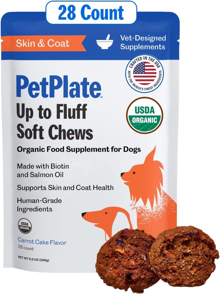 PetPlate Up to Fluff Soft Chews for Dogs, Skin & Coat Support, USDA Organic Supplement, Grain-Free, Human-Grade, Include olio di salmone e biotina, Forniture per animali domestici (Pack of 1, 9,8 Ounce)