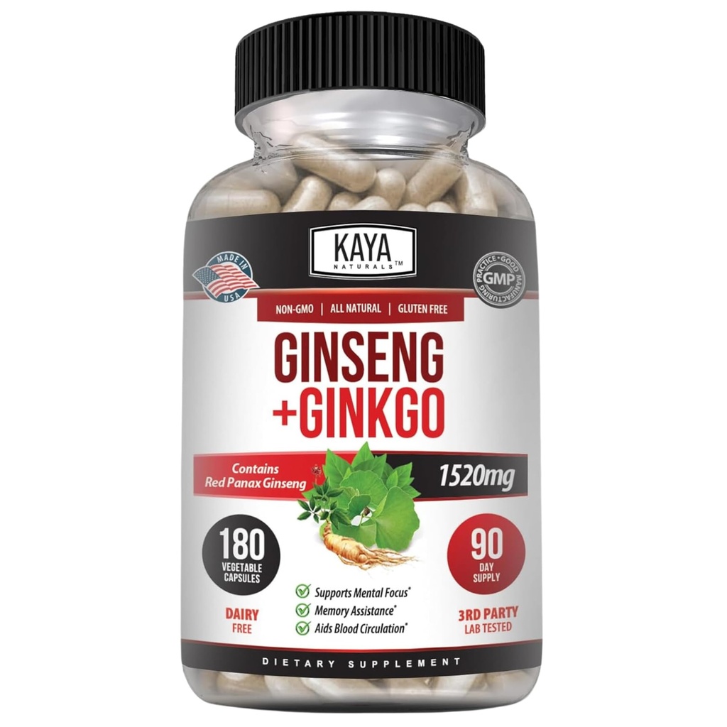 Kaya Naturals Red Panax Ginseng + Ginkgo Biloba - Nootropic Brain Supplement - Supporto cognitivo e concentrativo - Brain Booster, Focus e Memory Supplement - 180 Capsule