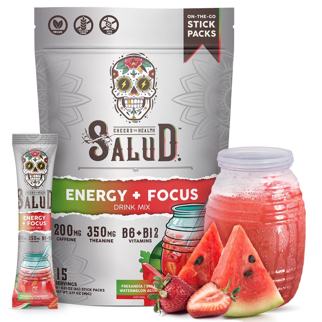 Salud polvere di bevanda di energia 2-in-1 + messa a fuoco, anguria di fragole, caffeina organica, B6 + B12, Theanine, acqua potabile di energia pulita, miscela Fresandia Agua Fresca, non OGM, senza glutine, Vegan, 1g di zucchero, (15 Servings)