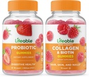 Probiotico Lifeable 2 miliardi di CFU + Collagen & Biotin, Gummies Bundle - Grande degustazione, Integratore di vitamina, Senza glutine, OGM libero, Gomma masticabile