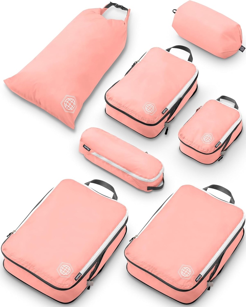 Cubi di imballaggio di compressione grande per gli organizzatori di bagagli da viaggio-Packing Cube Set 7 pezzi per il bagaglio controllati-Ultralight, Expandable/Compression Bags by TRIPPED Travel Gear (Dusty Rose)