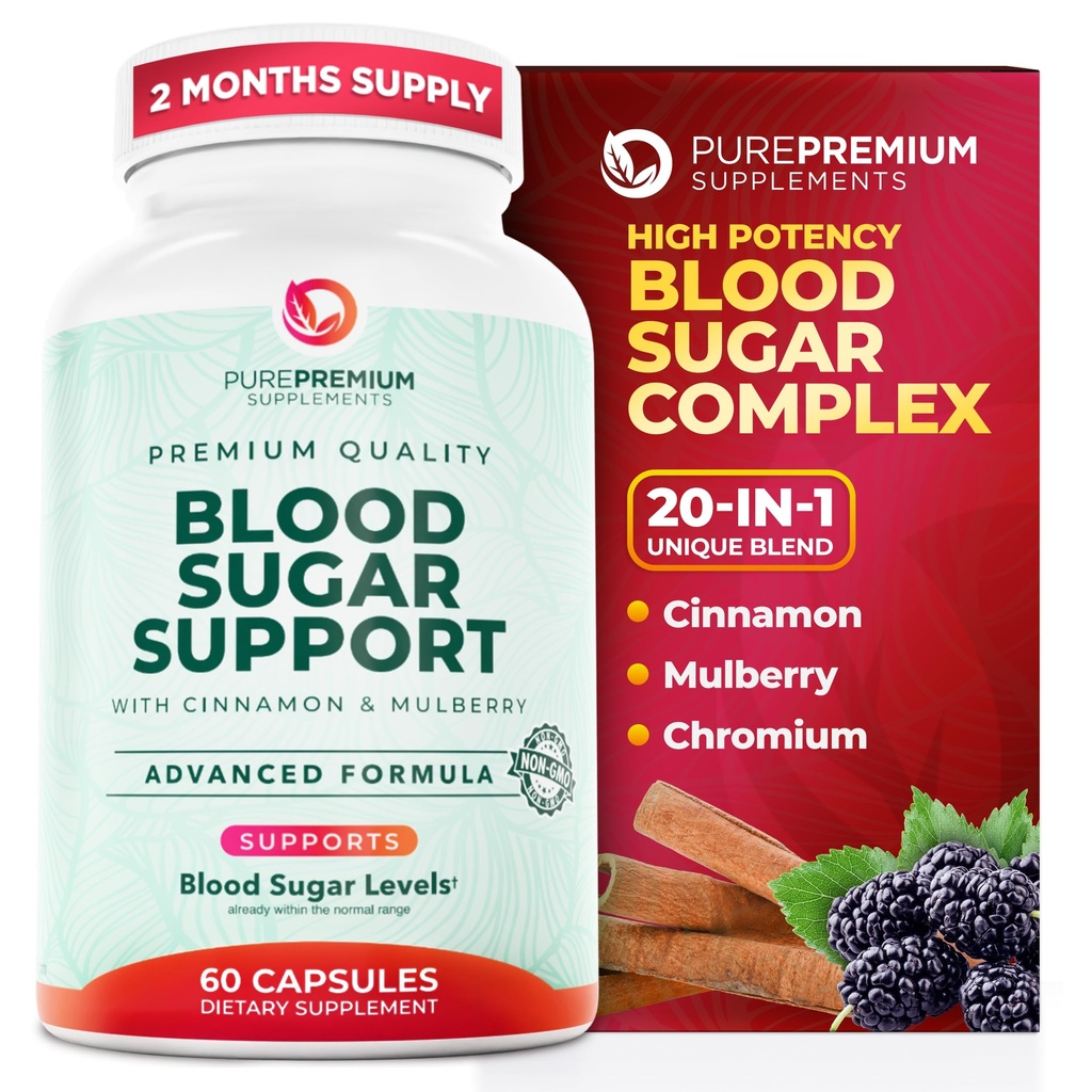 PurePremium Normal Blood Sugar Supplemento - 20 Complesso di ingredienti attivi per sostenere i livelli di zucchero nel sangue già nella gamma normale - con cannella, melone più grande, cromo, gelso - 60ct