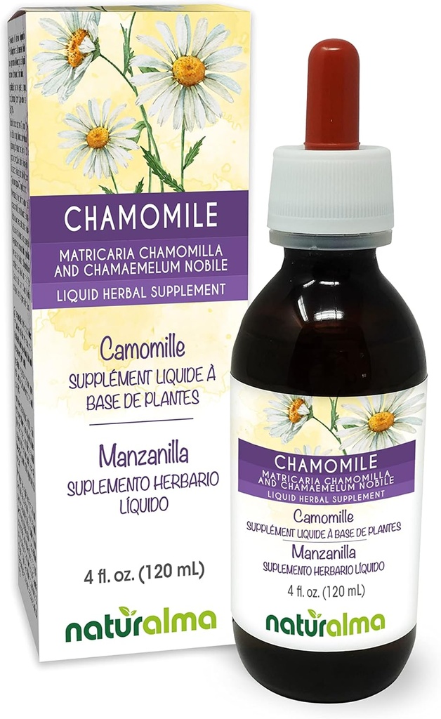 Naturalma Camomilla Tedesco e Romana (Matricaria chamomilla e Chamaemelum nobile) Fiore Alcol-Free Tintura - 4 fl oz Estratto liquido in gocce - Supplemento erbe - Vegan