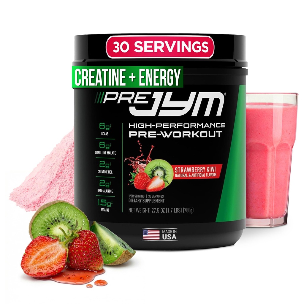 JYM Supplement Science Pre JYM Strawberry Kiwi Pre polvere di allenamento - BCAAs, Nootropics, Creatina HCI, Citrulline, Beta-Alanine, Betaine, Taurina, Huperzine 30 Servings