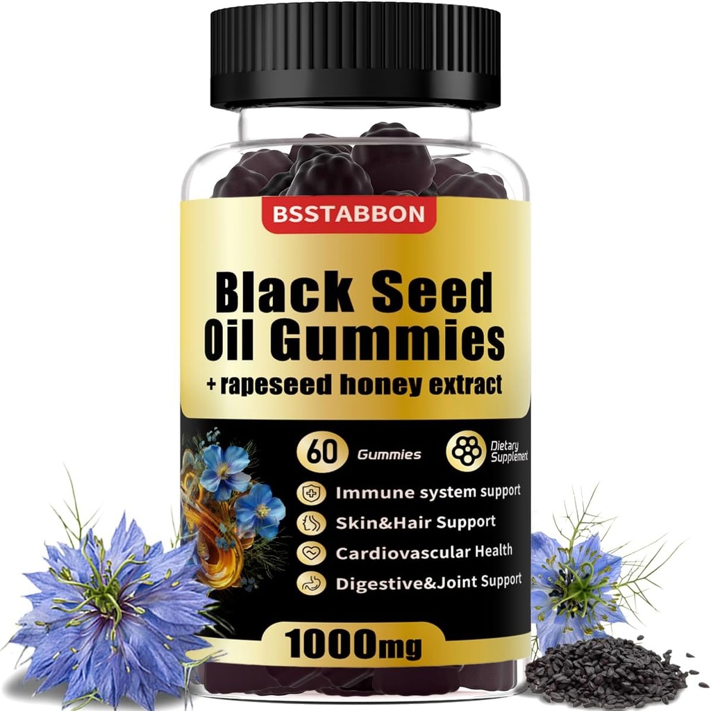 Gummie di olio di semi neri con 1000mg Olio di semi neri organici, Estratto di miele di colza 25mg, vitamina B6, B12 e zinco per il supporto del sistema immunitario (60 Gummies) (60 Conteggio)
