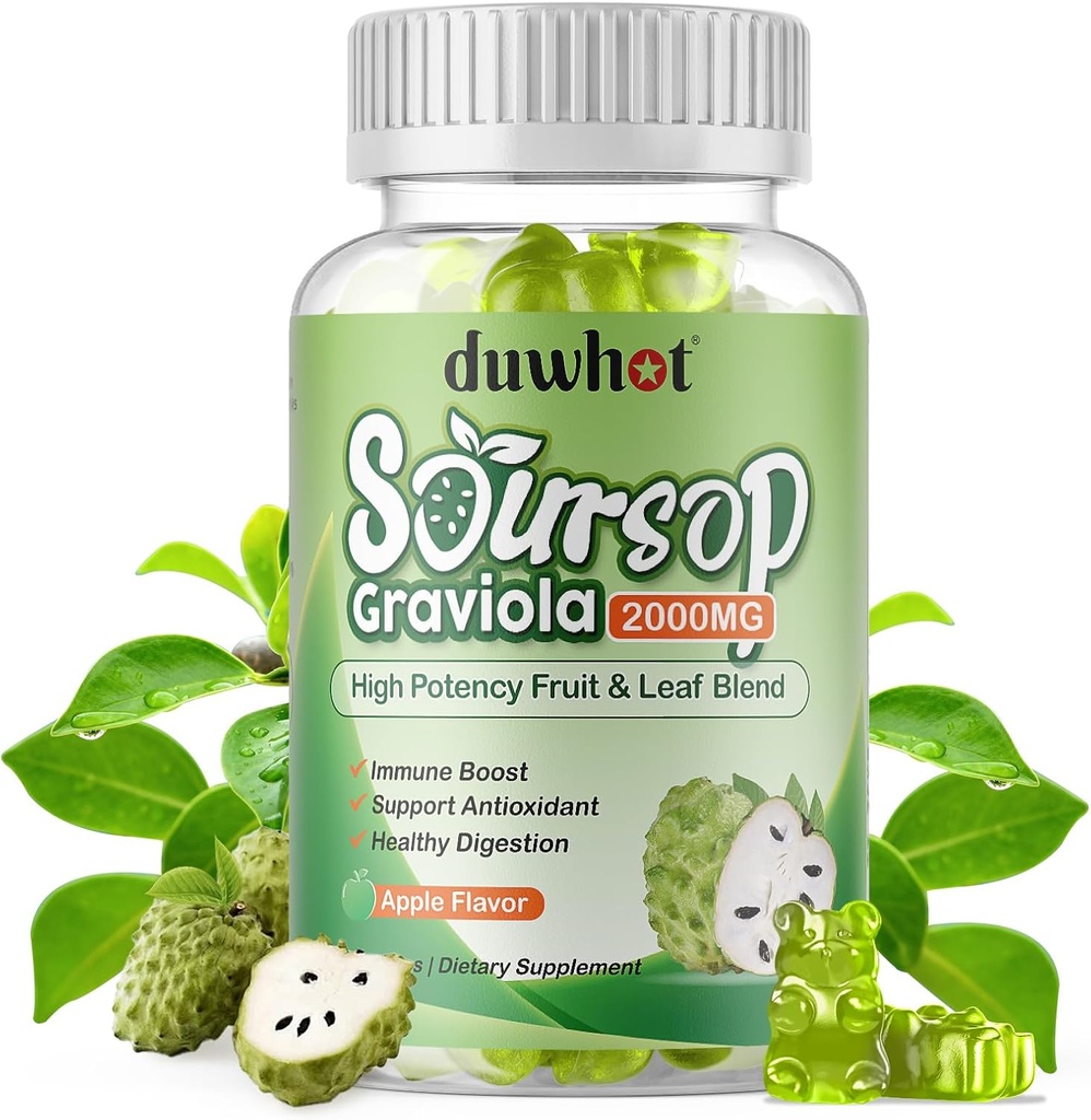 Soursop Gummies 2000MG, Soursop Leaf & Fruit Extract for Adults, Soursop Fruits w/Vitaminc C for Immune Support, Antiossidante e Digestivo Aid, Vegan, 60 Counts
