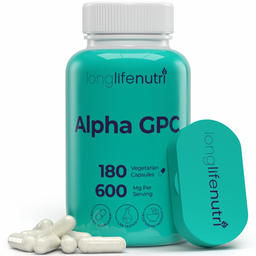 Alfa GPC Choline Supplemento 600mg – 180 capsule vegetariane, alta purezza Nootropic per l'energia quotidiana, fornitura di 3 mesi, acetilcolina Fonte per la chiarezza cognitiva e mentale, GMP Certificato, Made in USA