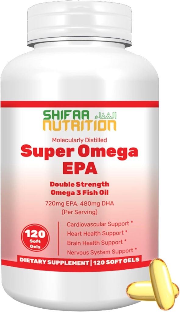 SHIFAA NUTRITION Olio di pesce Halal Softgels 120 Ct, doppia resistenza - Halal Omega 3 Fish Oil Integratori. Wild Caught, Non OGM & Purified