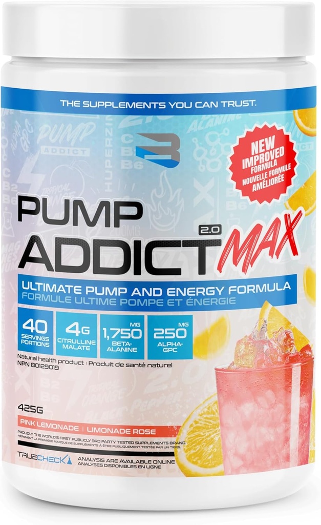Believe Supplements - Pump Addict Max Pre-Workout Powder - Maggiore energia, messa a fuoco e resistenza... (40 Serving, Pink Lemonade)