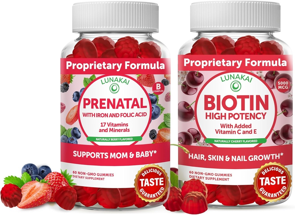 Biotina Lunakai e Bundle Prenatale - Integratore per la crescita della pelle e delle unghie con Vitamina C ed E - Gomma Multivitamina Gravidanza con Acido Ferro e Folico - Alimentazione 30 giorni