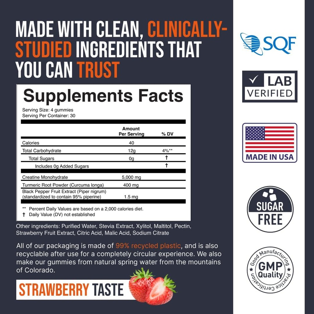 EcoWise Wellness Creatine Monoidrato Gummies 5000 mg, Masticabili per uomini e donne, Zucchero Gummies gratis - 121 Conte, Fragola fresca