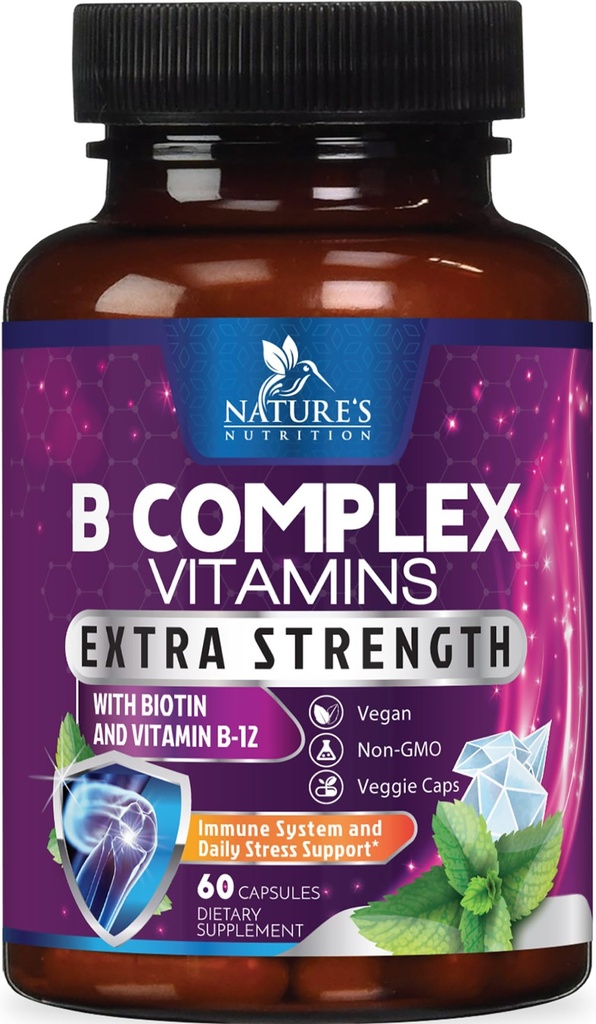 B Complex Vitamine Capsule - con Vitamina B12 B6 B100 C Biotin Folate & Folic Acid - Supplemento per Cuore, Cervello, & Nerve Support - Super Complete B-Complex per Supporto Immune & Energy - 60 Capsule
