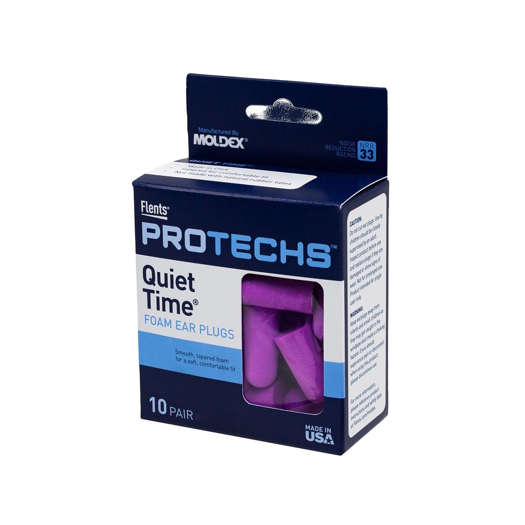 Flents Protechs Foam Ear Plugs, 10 coppia con cassa per dormire, russare, rumore forte, viaggiare, concerti, costruzione, studiare, lavoro, tiro, NRR 33, viola, monouso, fatto negli Stati Uniti