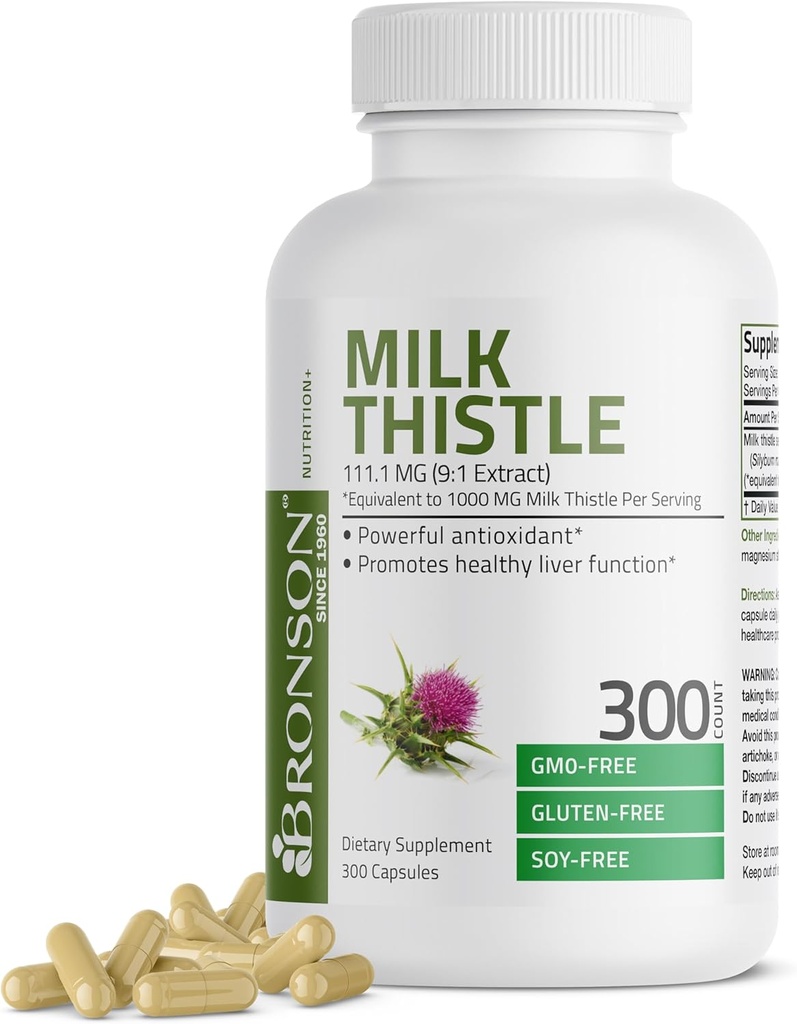Bronson Milk Thistle 1000 MG Silybum Marianum Antiossidante & Liver Health Support - Non-GMO, 300 capsule