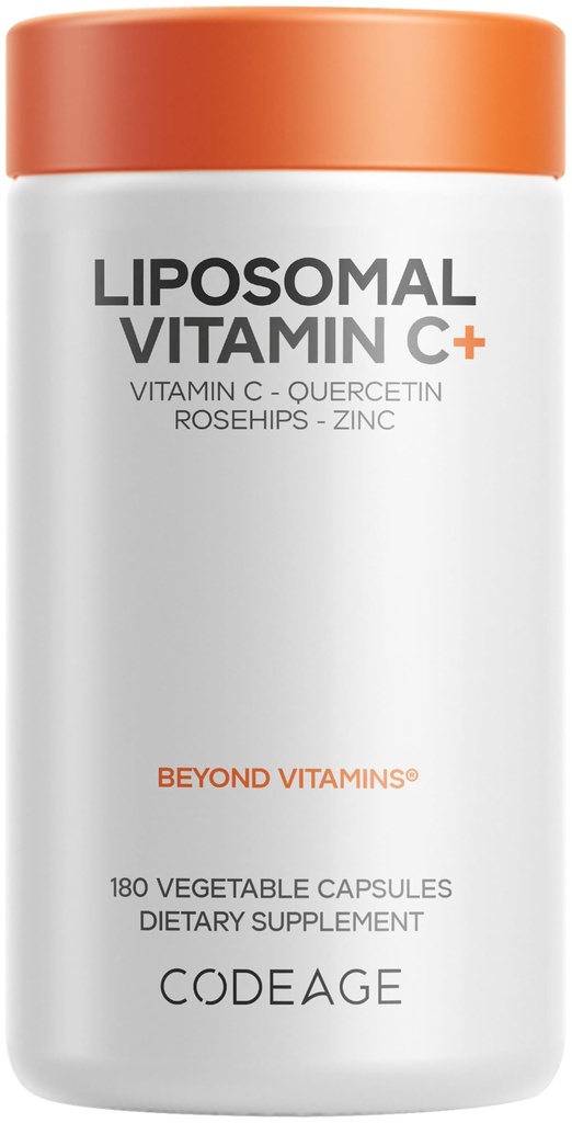 Codeage Liposomal Vitamin C 1500mg con Zinco, Elderberry, Citrus Bioflavonoids Pompelmo, Limone, Polvere Arancione, Quercetina & Rose HIPS Frutta – Integratore Vegan - Non OGM, Pillole Vegane, 180 Capsule