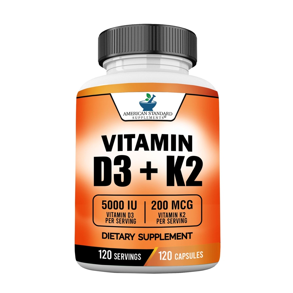 Integratori Standard Americani Vitamina D3 5000 IU (125mcg) Plus Vitamina K2 (MK7) 200mcg Per Capsule - Gluten Free, Non OGM, 120 Capsule, 120 Serve, 120 giorni di alimentazione