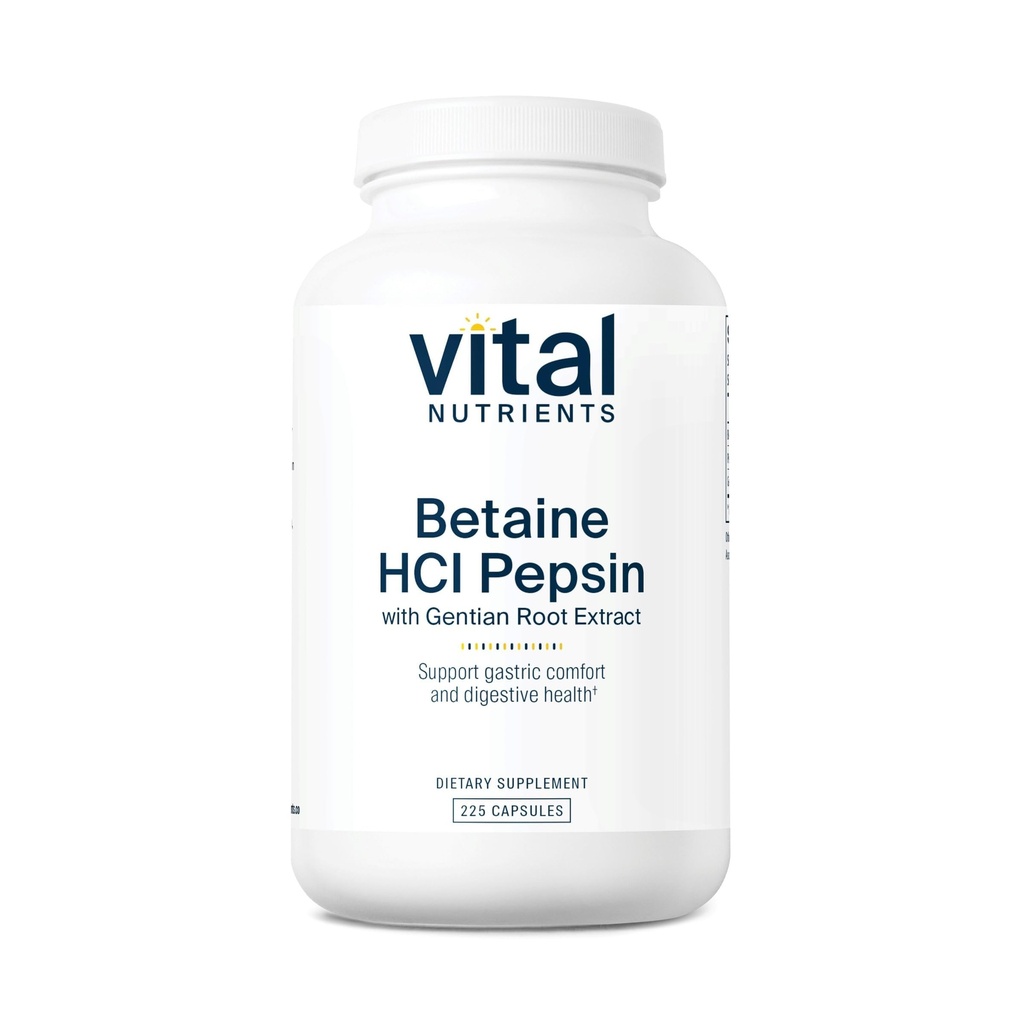 Vital Nutrients Betaine HCL Pepsin con Estratto di radice gentian | Formula di enzima digestivo per sostenere la digestione delle proteine e l'assorbimento dei nutrienti* | Gluten, Dairy, Soy Free | 225 capsule