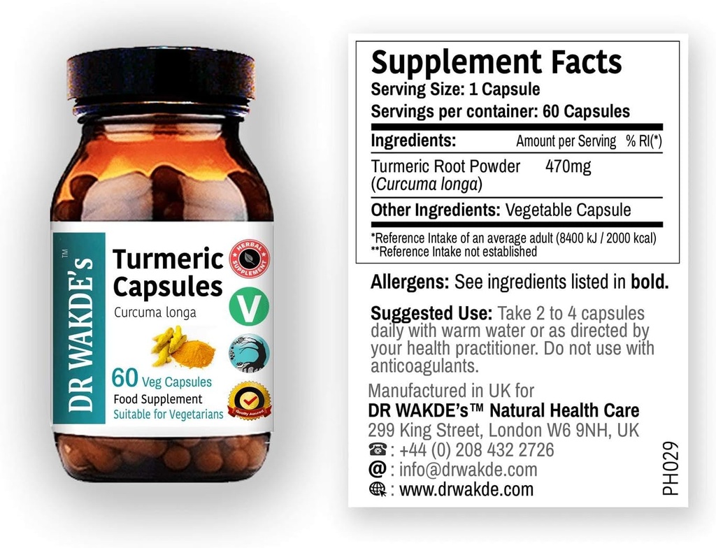 DR WAKDE'S Turmeric Capsule (Curcuma Longa, 60 Veg Caps, Plant-Based Supplement, Ayurvedic Herb, All Natural, Vegan)