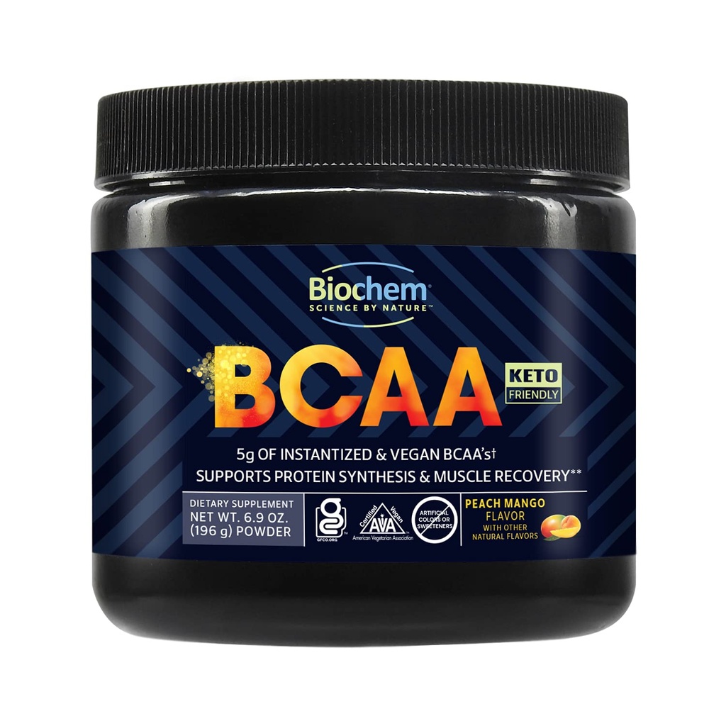 Biochem BCAA polvere Peach Mango 5g – 30 Serve | Vegan, Gluten Free, Keto, istantaneo 2:1 BCAA Supplemento per il recupero del muscolo, sintesi proteica e idratazione | Polvere di aminoacidi elettrolita