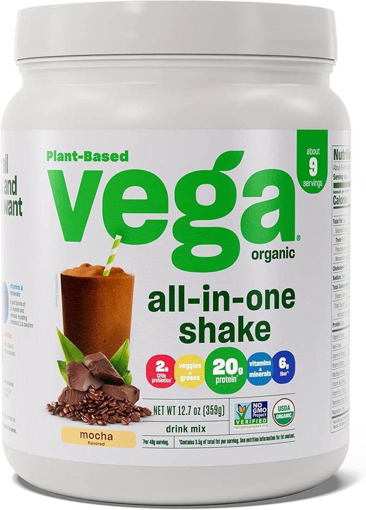 Vega Organic All-in-One Vegan Protein Powder Mocha (9 Serve) Superfood Ingredienti, Vitamine per Supporto Immunità, Keto Friendly, Pea Protein per Donne & Uomini, 12.7oz (Packaging May Vary)