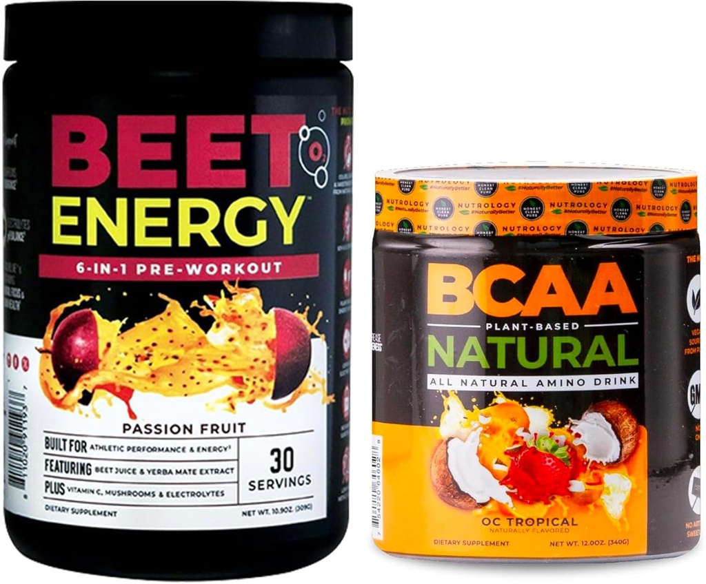 Nutrologia barbabietola naturale O2, Pre polvere di allenamento, Frutta di passione aroma (30 porzioni) BCAA naturale, Polvere BCAA a base vegetale, Aroma di cocco arancione (30 porzioni)