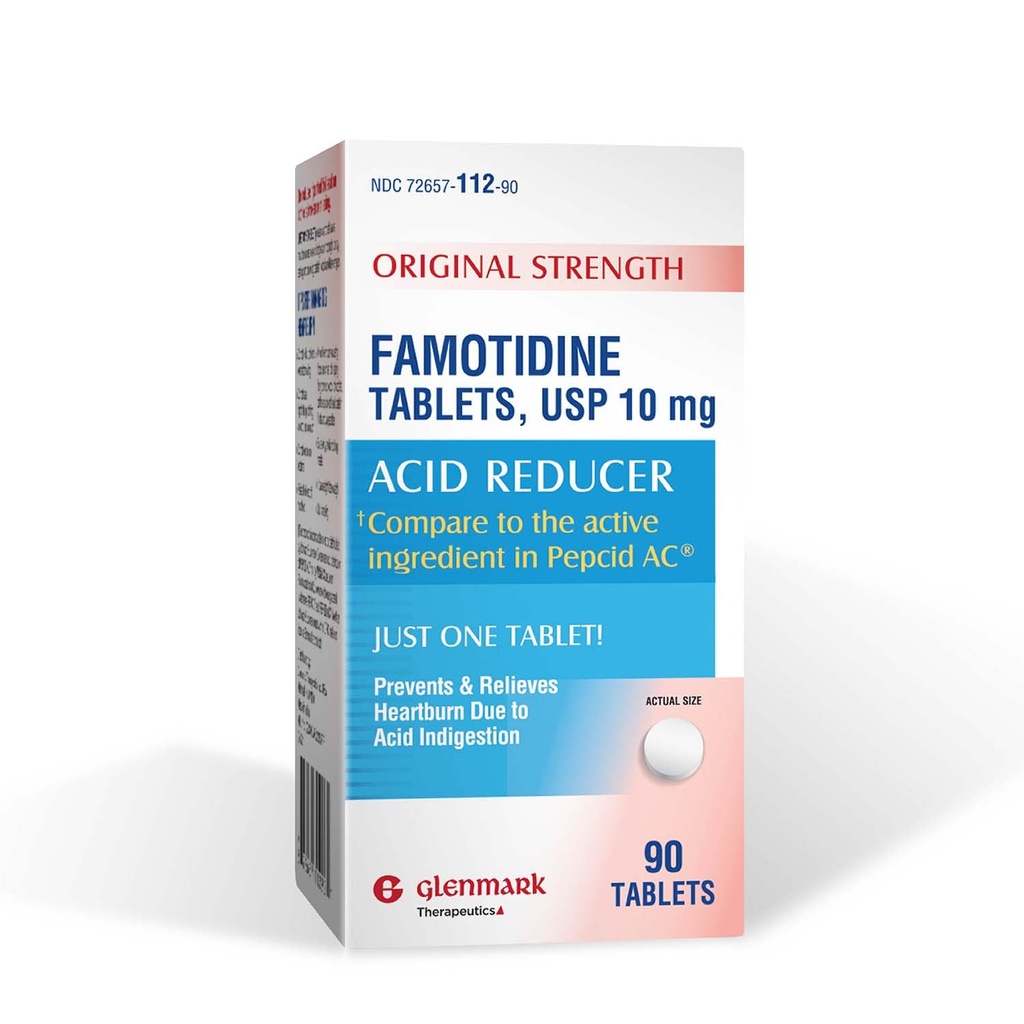 Glenmark Therapeutics Original Strength Famotidine Tablets, 10 mg, Riduttore di acido per il sollievo dal bruciore di stomaco, 90 Conte