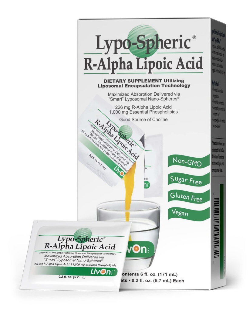 LivOn Laboratories Lypo-Spheric R-Alpha Lipoic Acid - 30 Packets - 226mg Per Packet - Liposome Incapsulato per Massima Biodisponibilità - 100% Non OGM