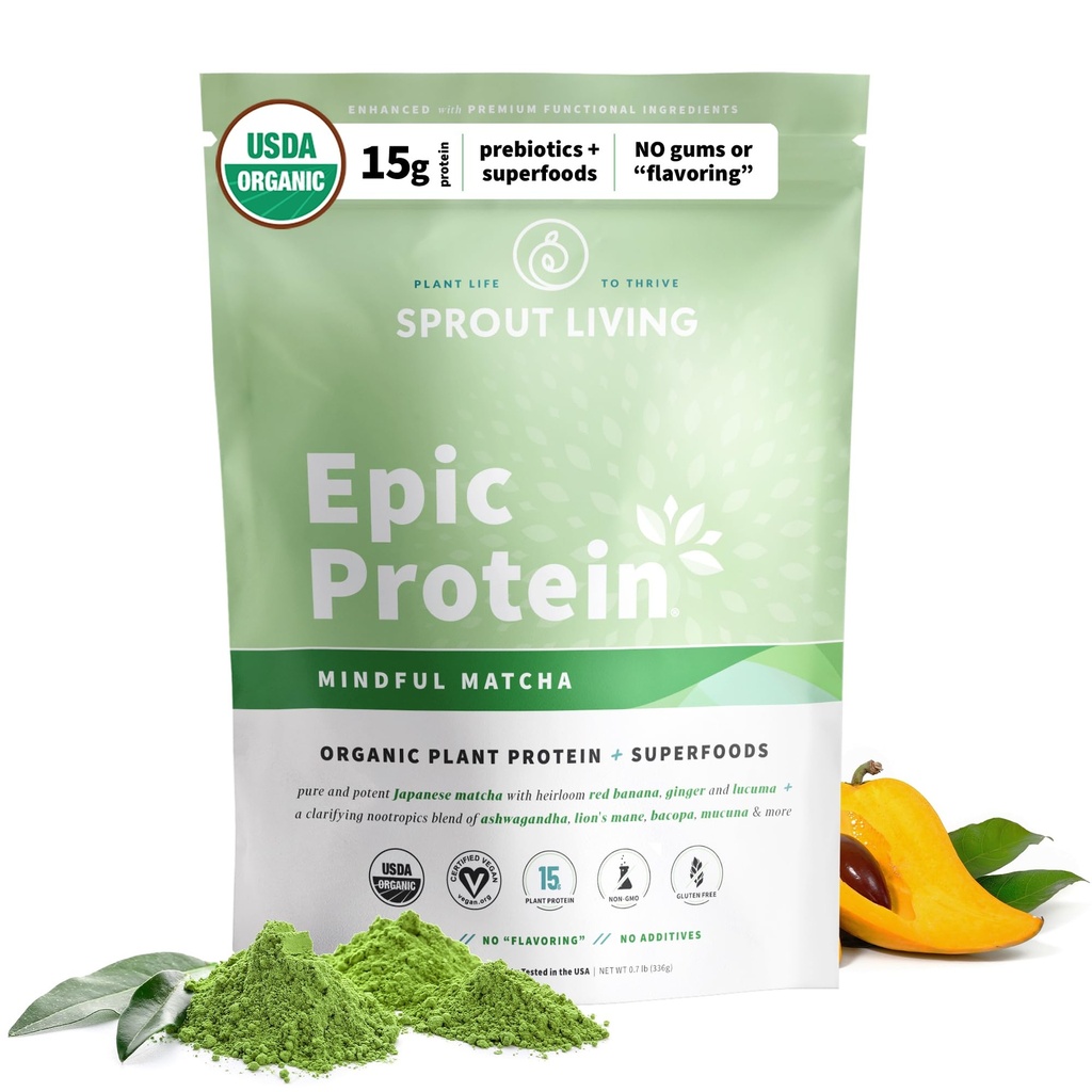 Sprout Living Epic Protein, Plant Based Protein & Superfoods Powder, Mindful Matcha | 17 Grams Organic Protein Powder, Vegan, Non OGM, Gluten Free, Adaptogens + Nootropics (1 Pound, 12 Servings)
