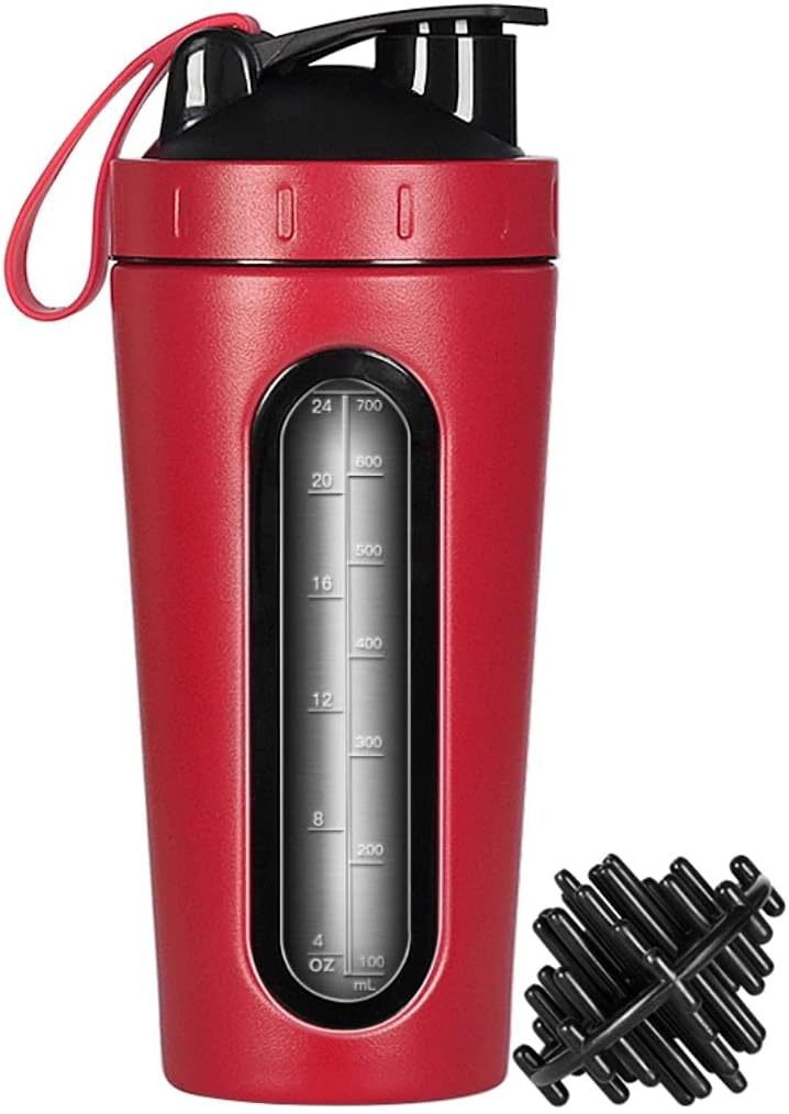 Bottiglia di frullatore di proteine, Coppa di Shaker in acciaio inossidabile, Bottiglia di acqua del miscelatore sportivo, Finestra visibile, Prova di leak, Nessun BPA con sfera di miscela per allenamento di palestra, 28 oncia, Rosso